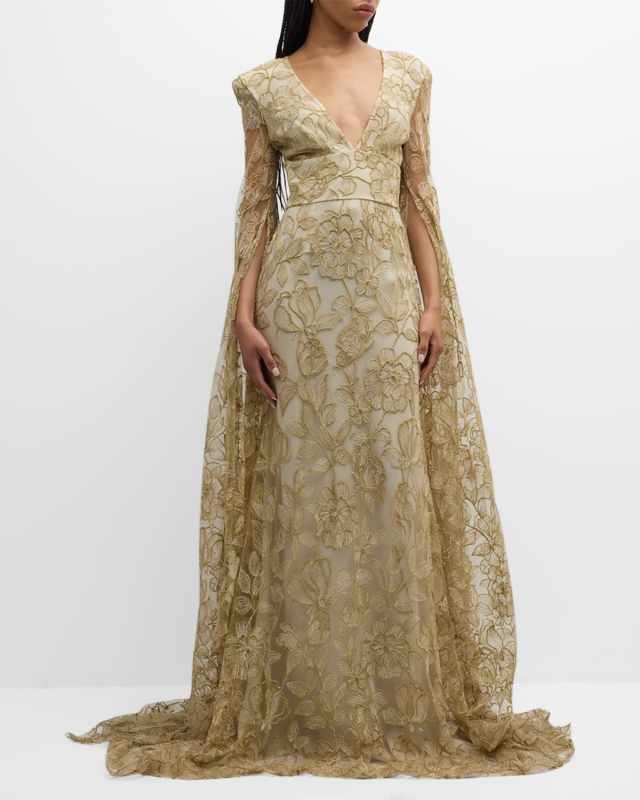 Plunging Floral Lace Cascading-Sleeve Gown