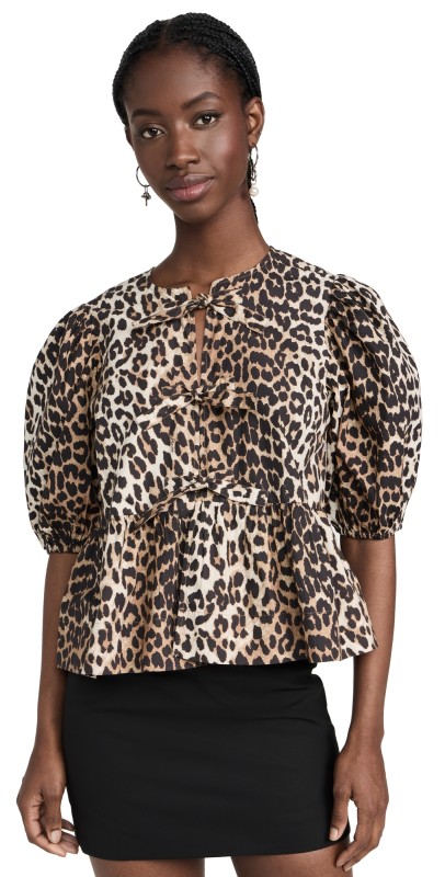 GANNI Printed Cotton Poplin Peplum Blouse Leopard