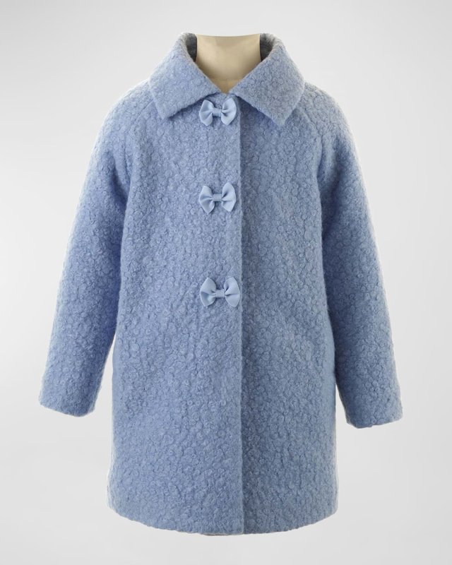 Girl's Bow Buttons Boucle Coat, Size 2-10