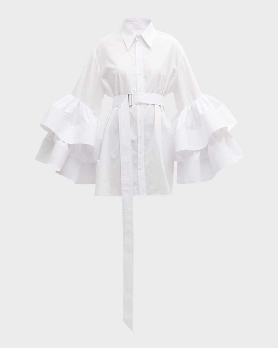 Belted Mini Shirtdress with Jumbo Ruffle Sleeves