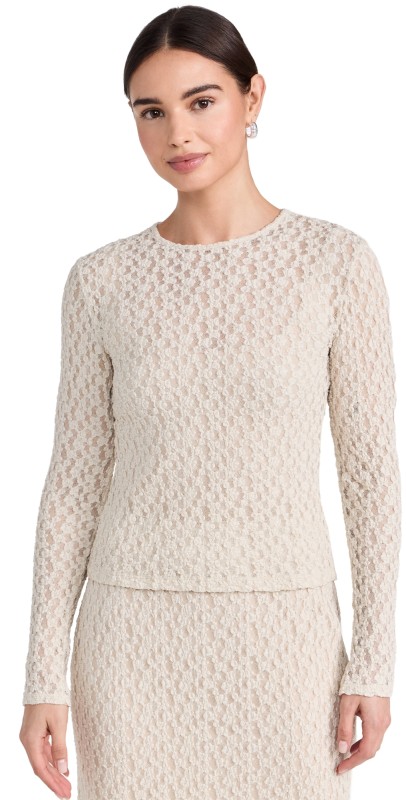 Vince Floral Smocked Crew Neck White Sand