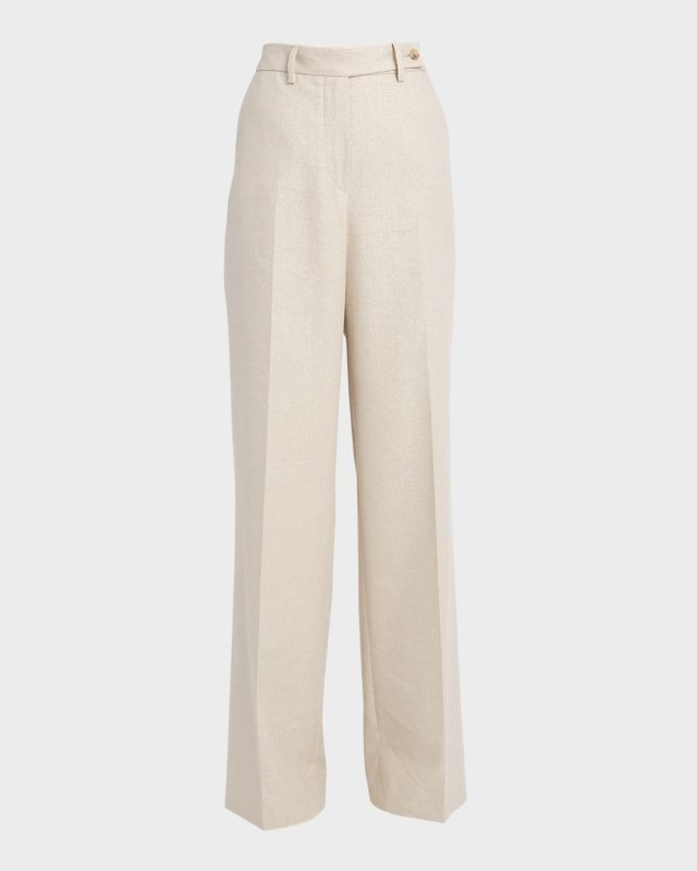 High-Rise Metallic Linen-Blend Wide-Leg Pants