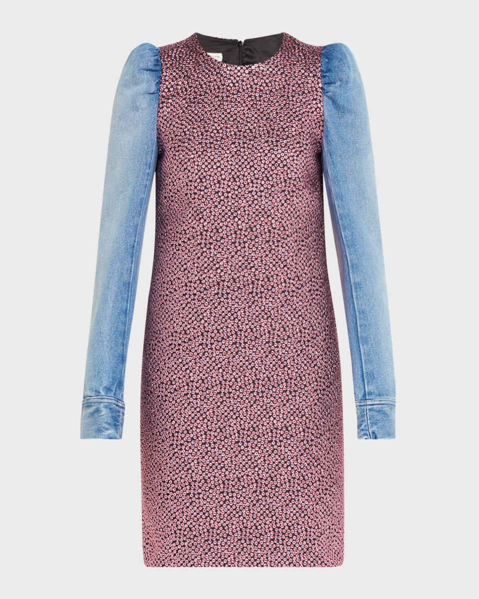 Duffy Mixed-Media Denim Crystal Dress
