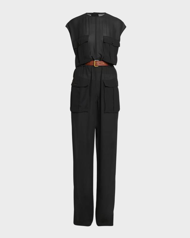 Combinaison Sleeveless Belted Silk Chiffon Utility Jumpsuit