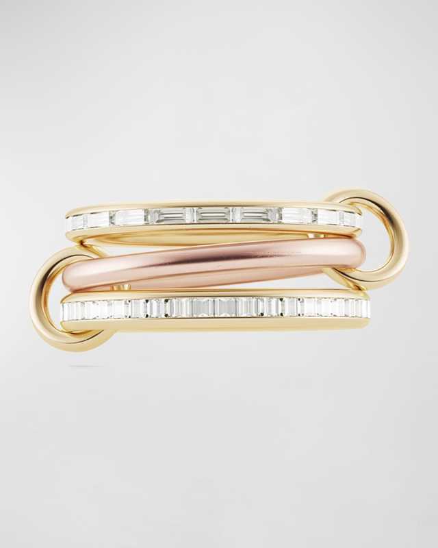 Yellow Gold and Rose Gold 3-Linked Ring with Baguette and Carré Diamonds, Size