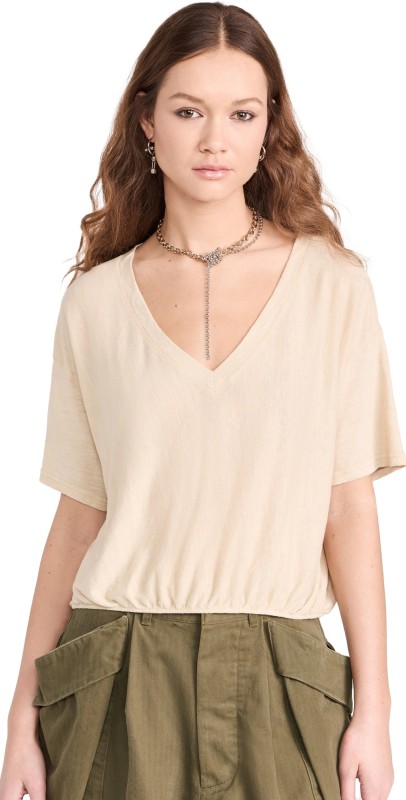 R13 Gathered Hem V Neck Tee Khaki