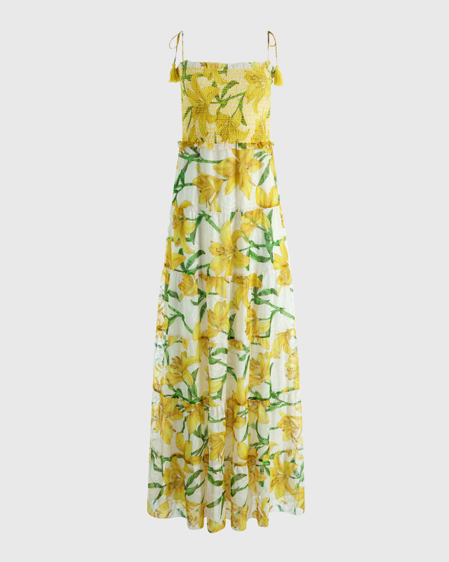 Marna Embroidered Tiered Tie-Strap Maxi Dress