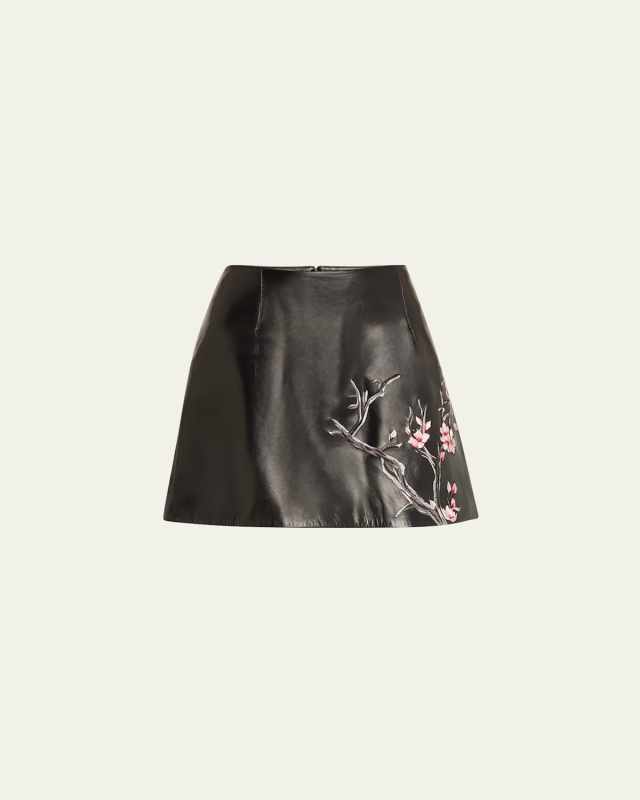 Cherry Blossom Embroidered Mini Leather Skirt