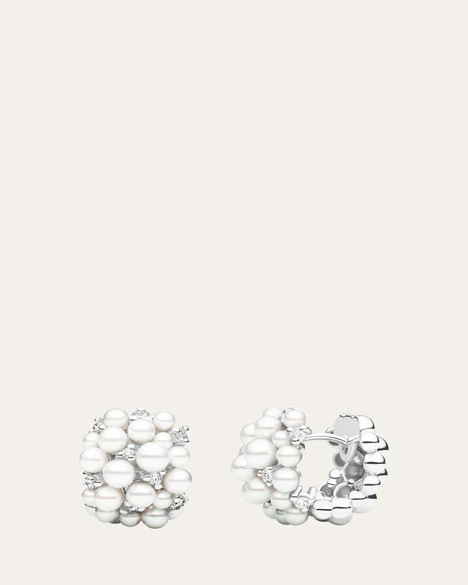 Lagrange 18k White Gold Pearl & Diamond Hoop Earrings