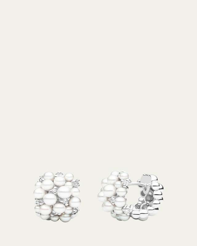 Lagrange 18k White Gold Pearl & Diamond Hoop Earrings