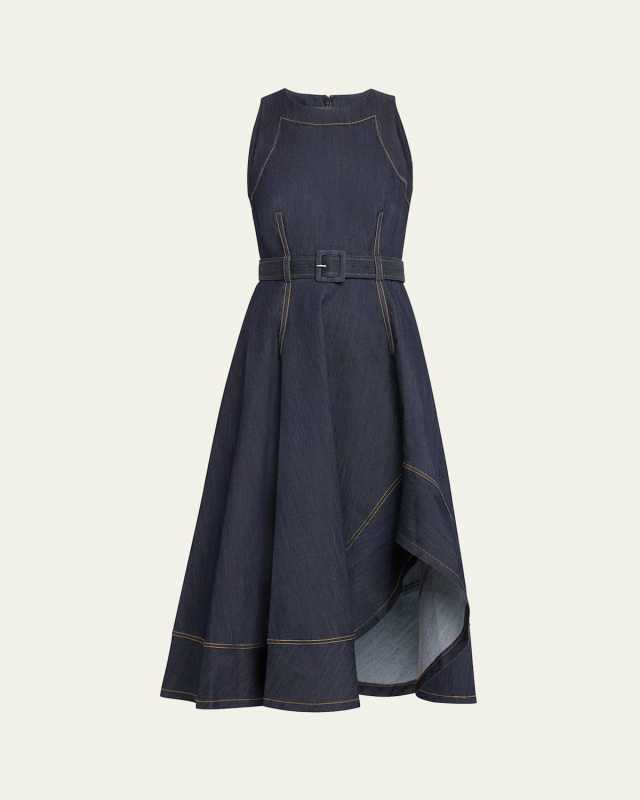 Zelda Belted Asymmetric Sleeveless Denim Midi Dress