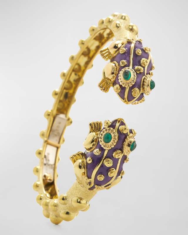 Yellow Gold Baby Frog Bangle with Emeralds