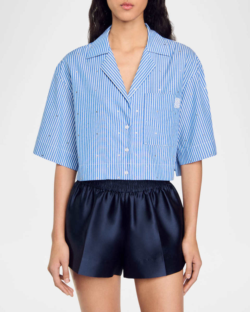 Meteor Embellished Pinstripe Cropped Shirt