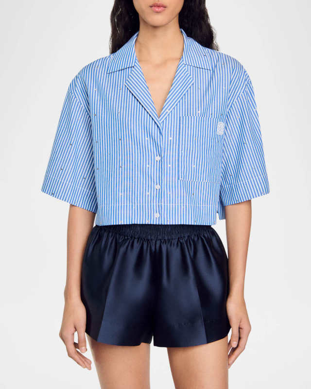 Meteor Embellished Pinstripe Cropped Shirt