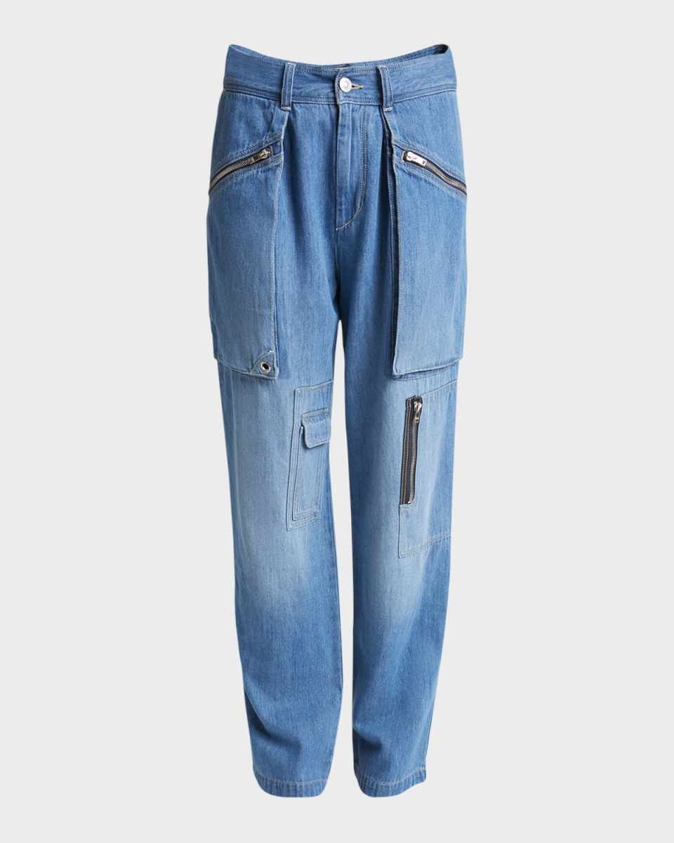 Juliette Pleated Straight-Leg Denim Cargo Pants