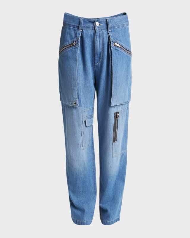 Juliette Pleated Straight-Leg Denim Cargo Pants