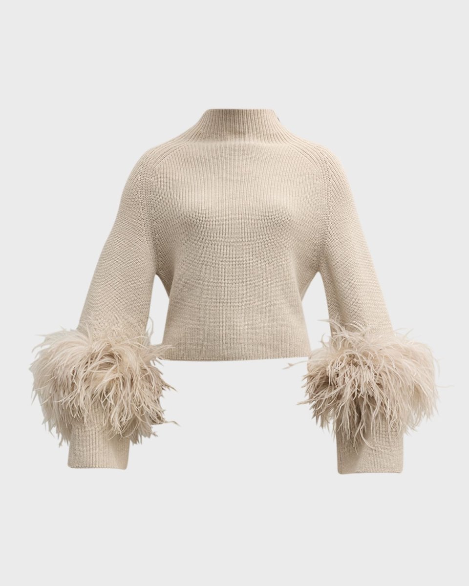 Feather-Trim Slit-Sleeve Crop Sweat