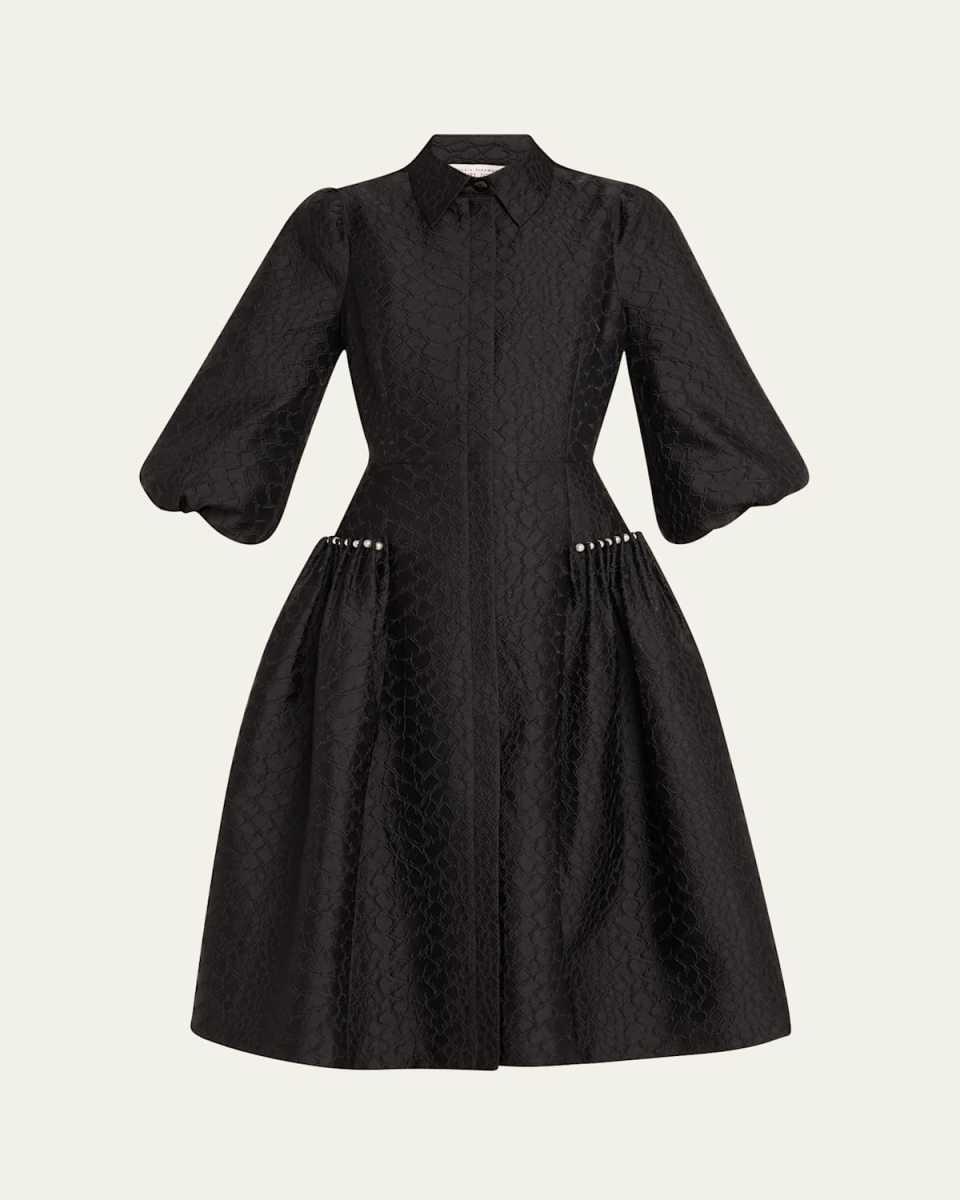 Pearly-Trim Jacquard Midi Shirtdress