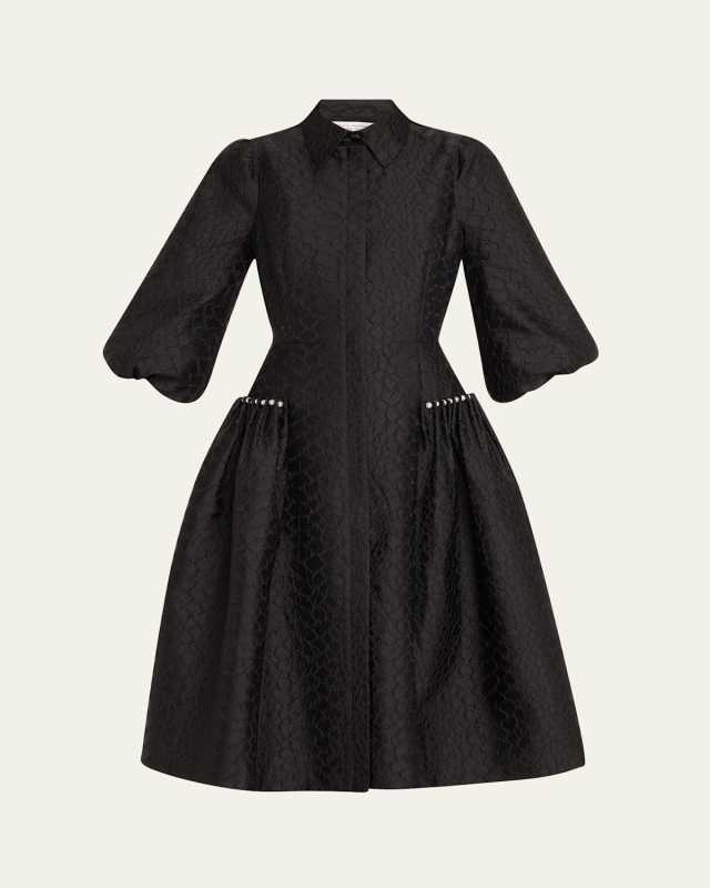 Pearly-Trim Jacquard Midi Shirtdress