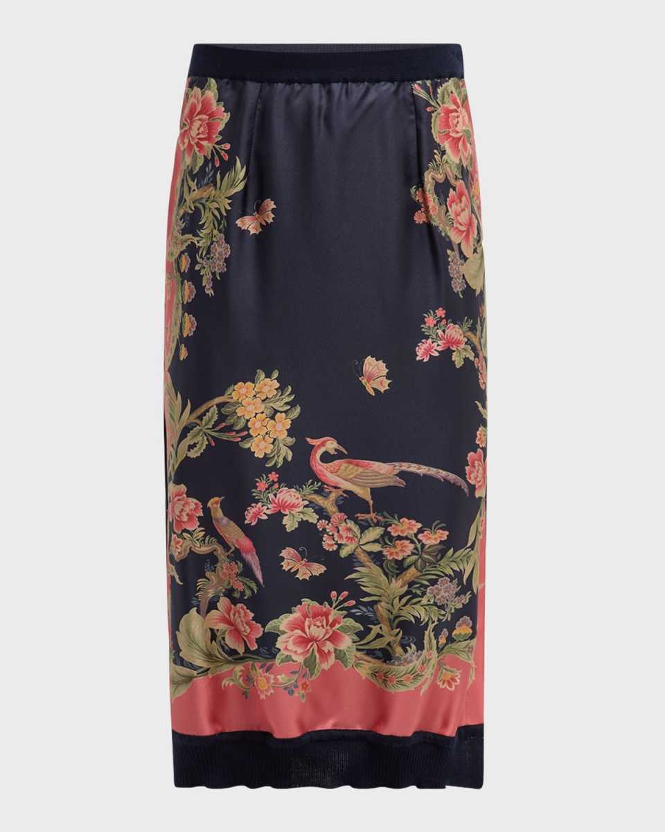 Enchanted Floral Silk Knit Combo Midi Skirt