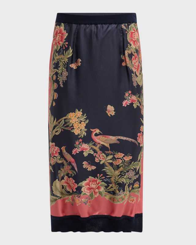 Enchanted Floral Silk Knit Combo Midi Skirt