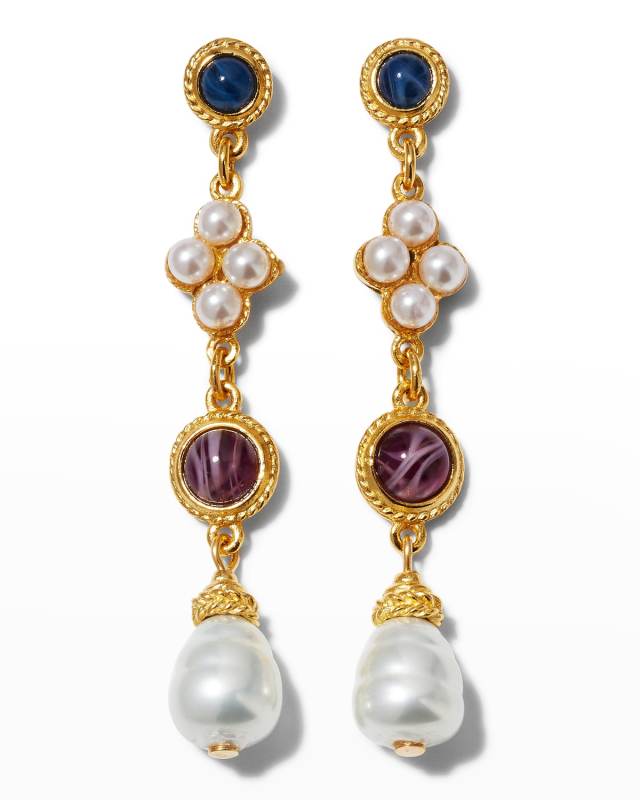 Multi-Stone Pearly Drop Post Earrings