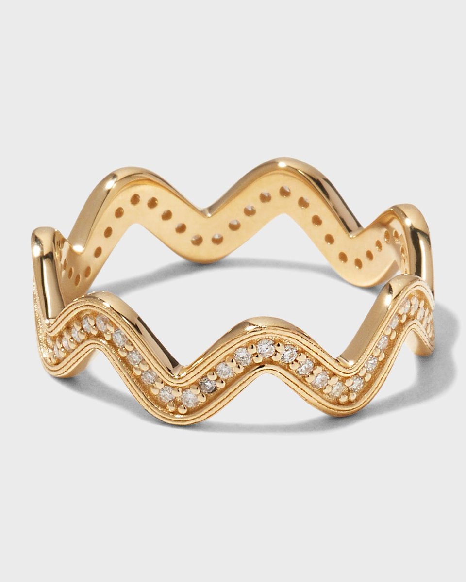 Yellow Gold Wavy Ring with Diamonds, Size