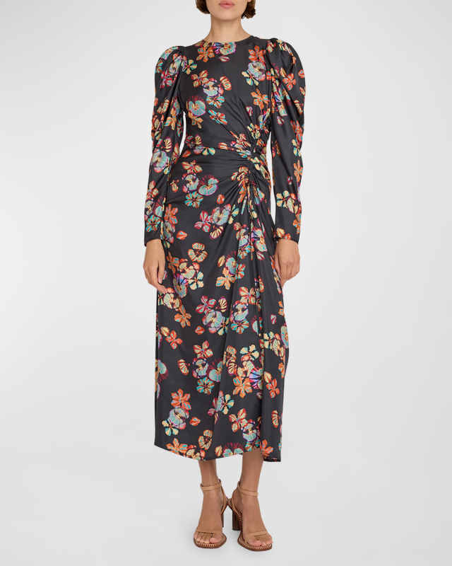 Amalie Twisted-Front Floral Silk Midi Dress