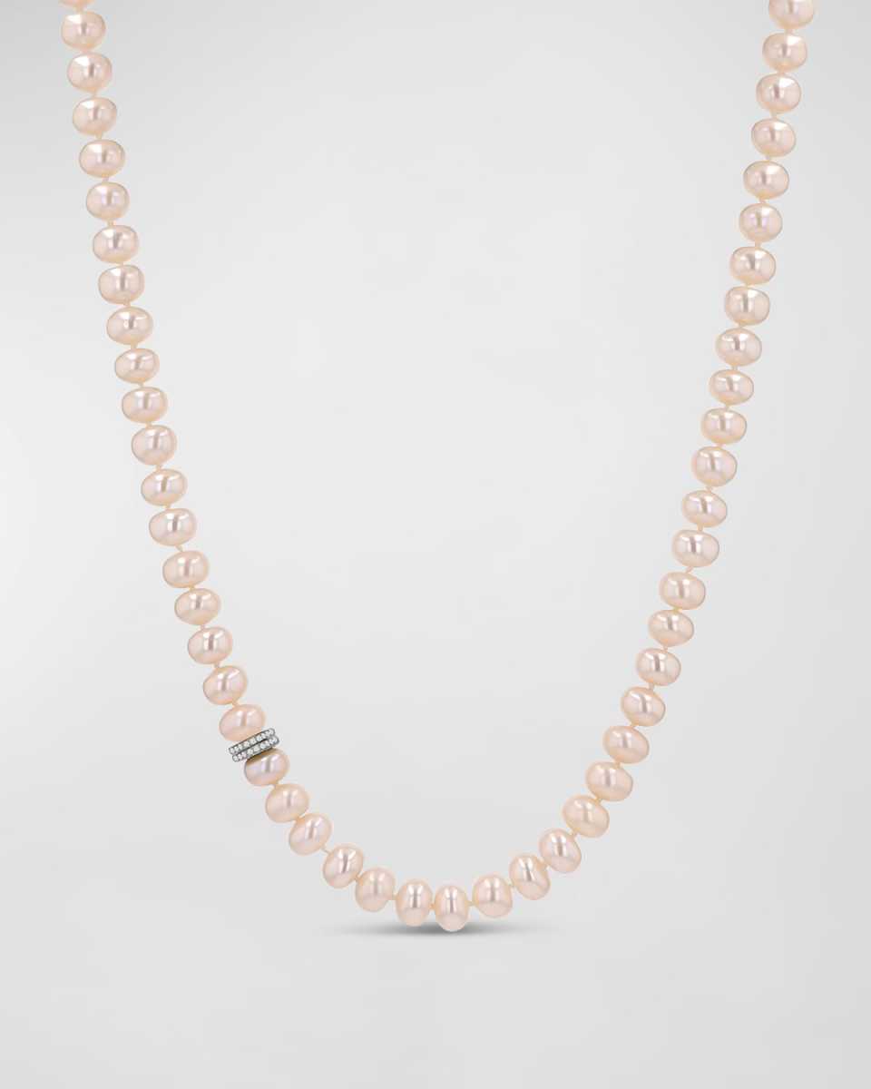 Pearl 8mm Bead Necklace with 2 Diamond Rondelles