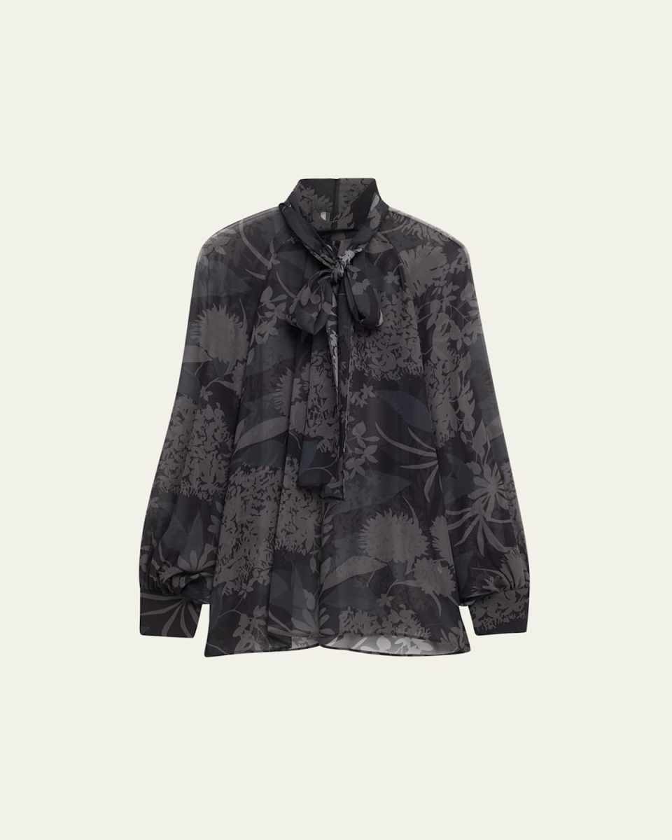 Floral Silk Georgette Scarf-Tie Blouse