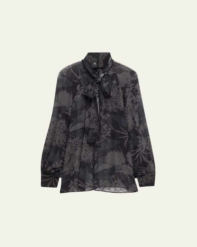 Floral Silk Georgette Scarf-Tie Blouse