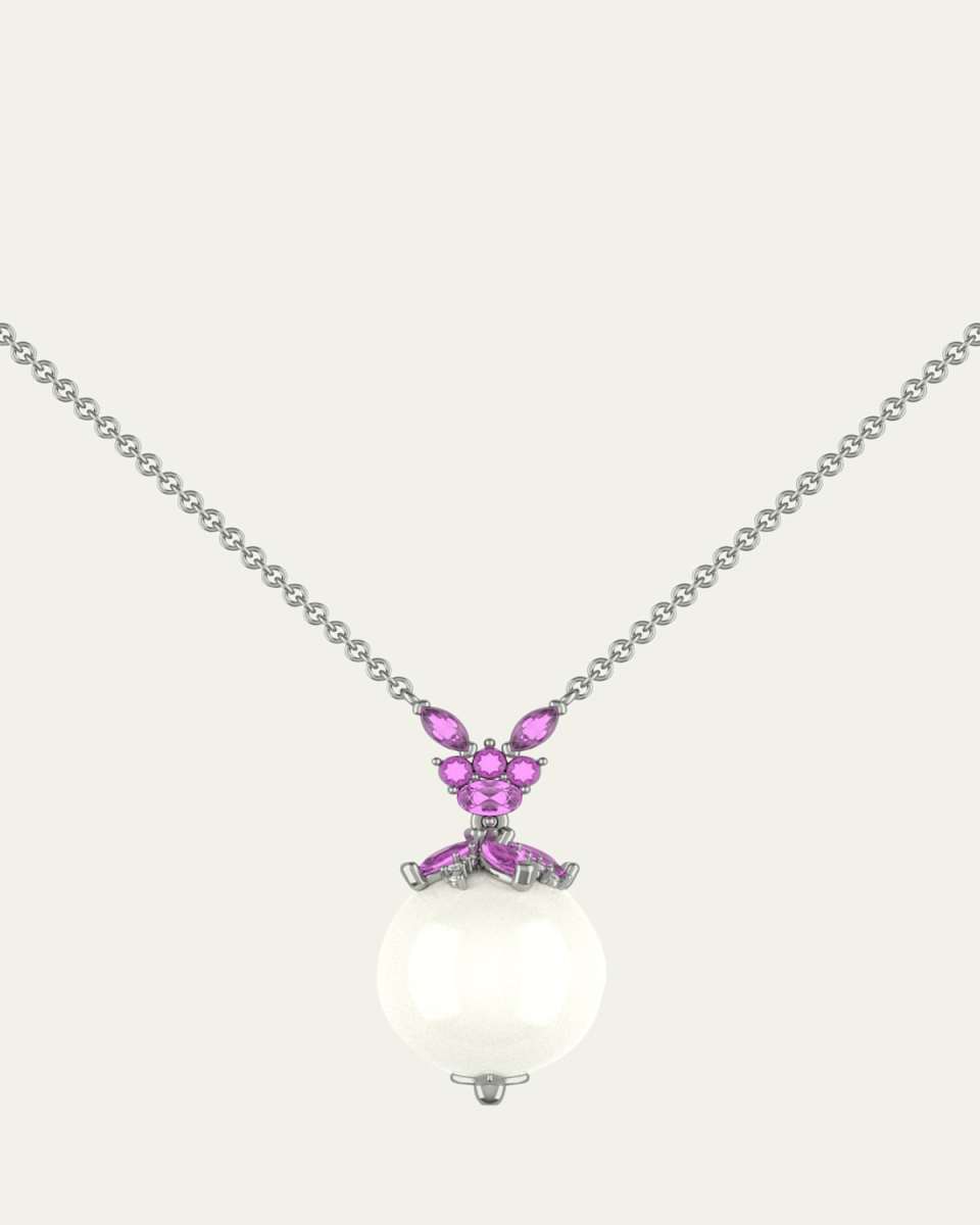 18K White Gold Pink Sapphire, Diamond and Pearl Necklace