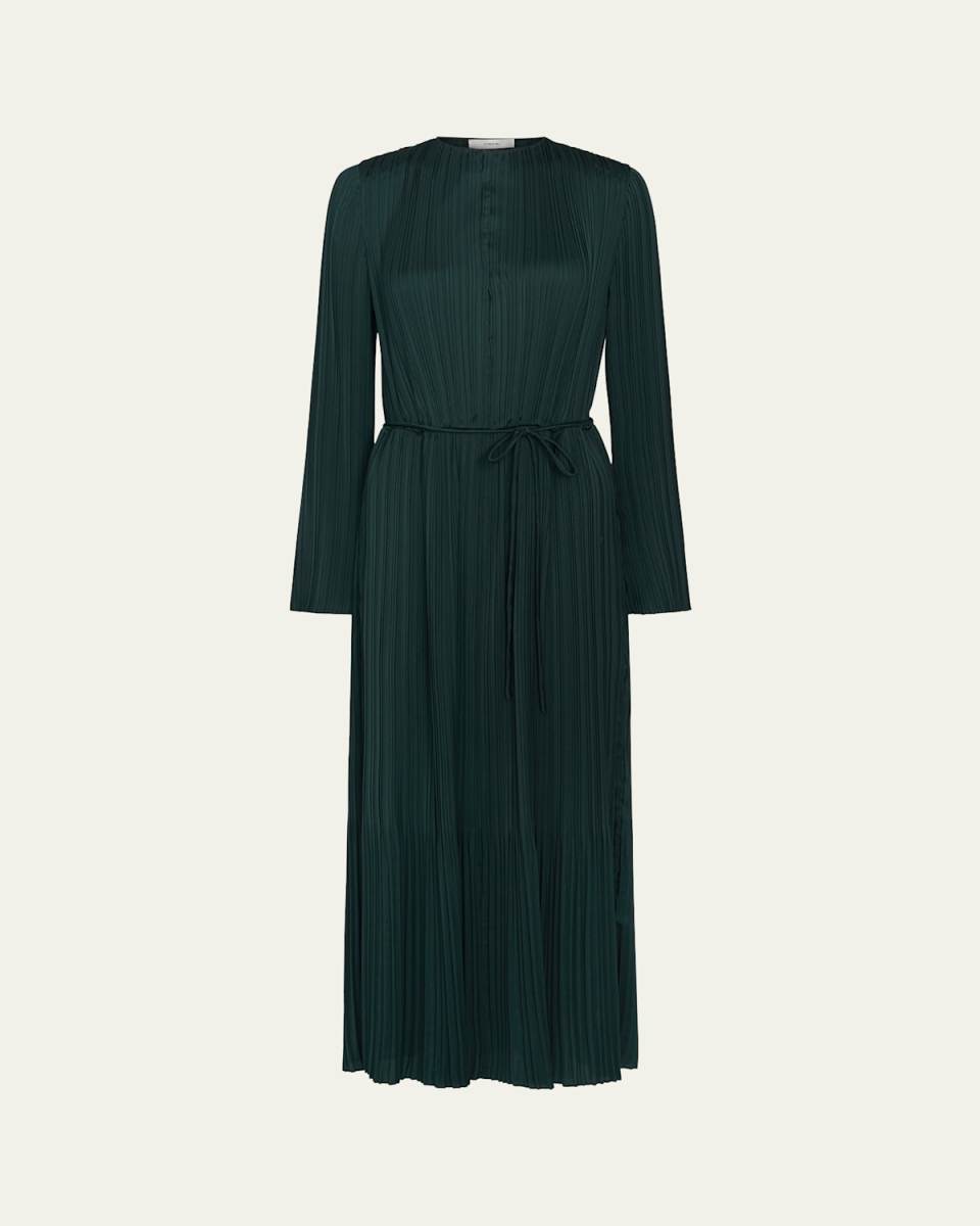 Pleated Long-Sleeve Midi Dress
