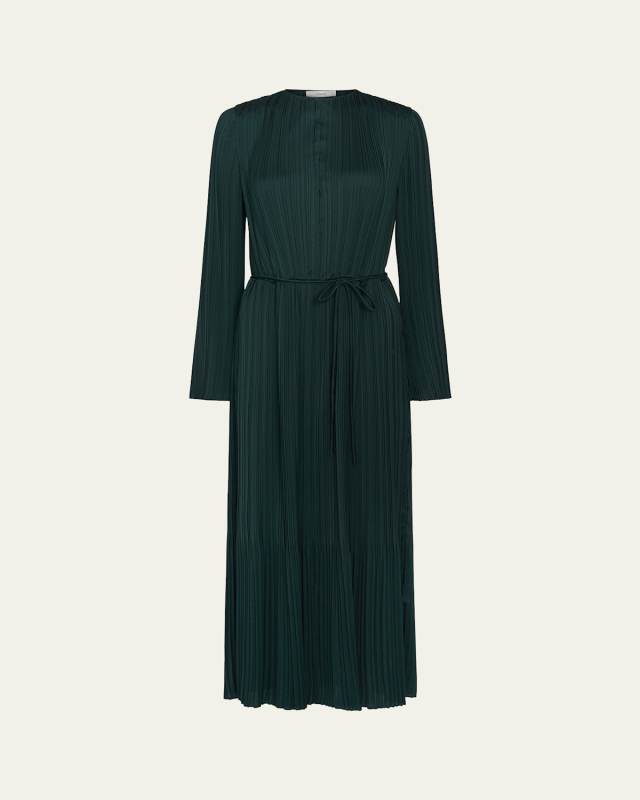 Pleated Long-Sleeve Midi Dress