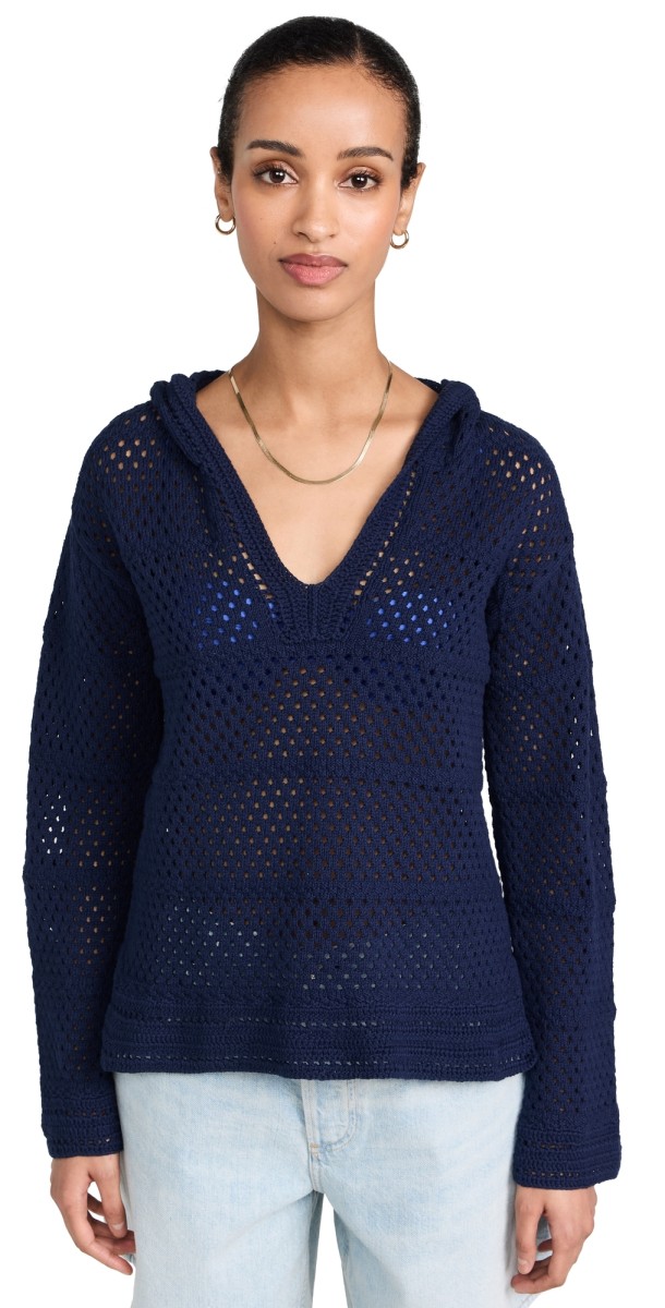 SUNDRY Crochet Beach Hoodie Navy