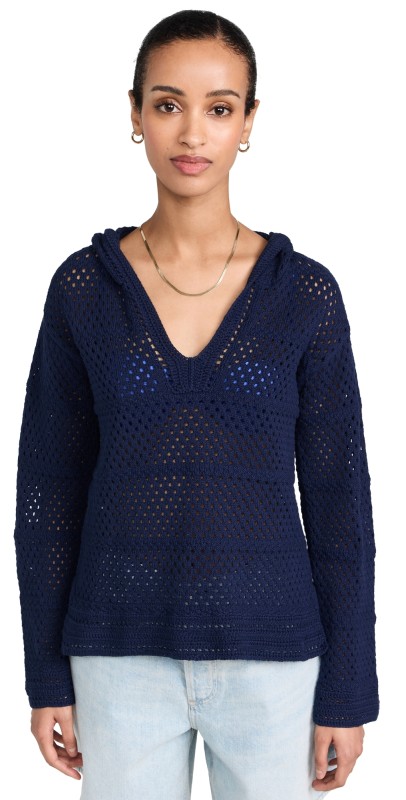 SUNDRY Crochet Beach Hoodie Navy