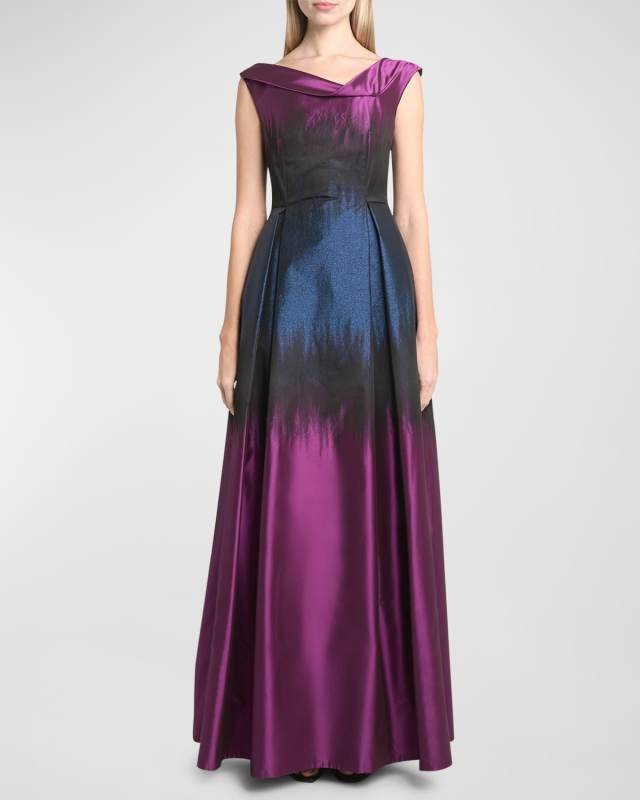 Metallic Ombre Jacquard Cap-Sleeve Gown