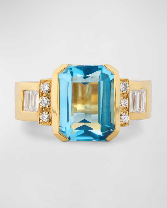 Estate 14K Yellow Gold Blue Topaz and Diamond Ring, Size 7.5