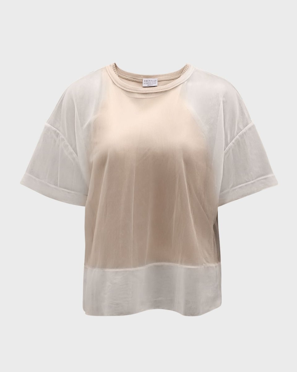 2-Piece Sheer Crispy Lame Short-Sleeve Top With Cotton Tank
