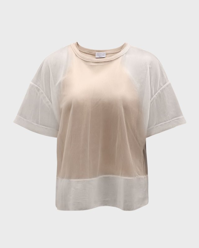 2-Piece Sheer Crispy Lame Short-Sleeve Top With Cotton Tank