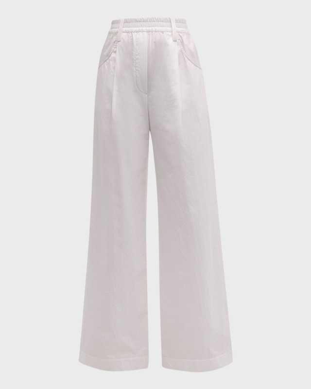 Pleated Cotton Poplin Wide-Leg Pull-On Pants