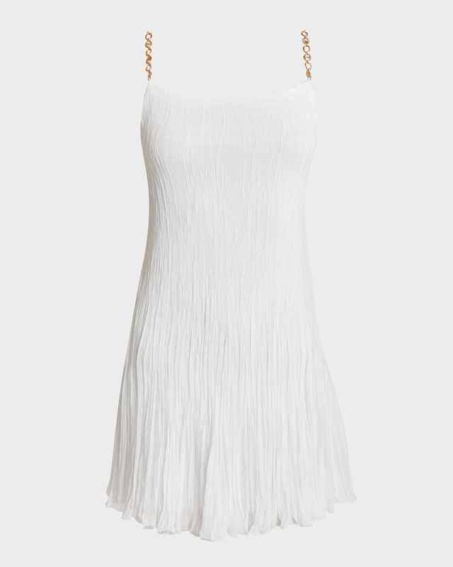 Chain-Strap Low-Back Plisse Mini Dress