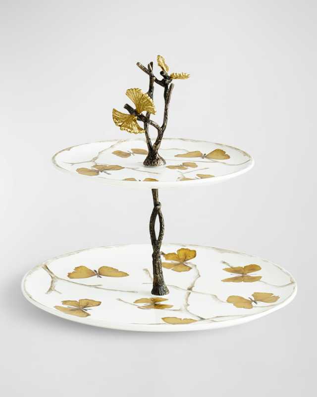 Butterfly Ginkgo 2-Tier Porcelain Etagere