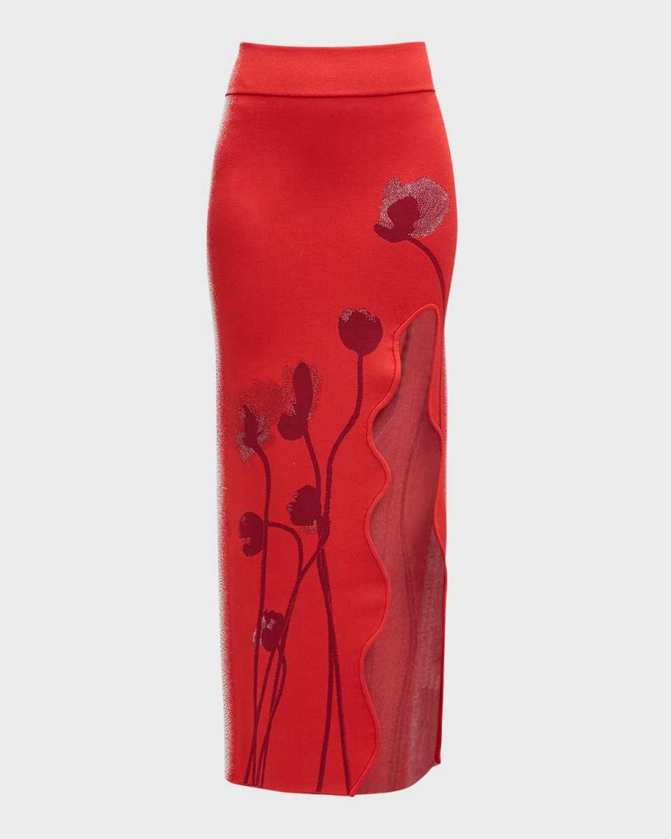 Lily Flower Wavy Slit Midi Skirt