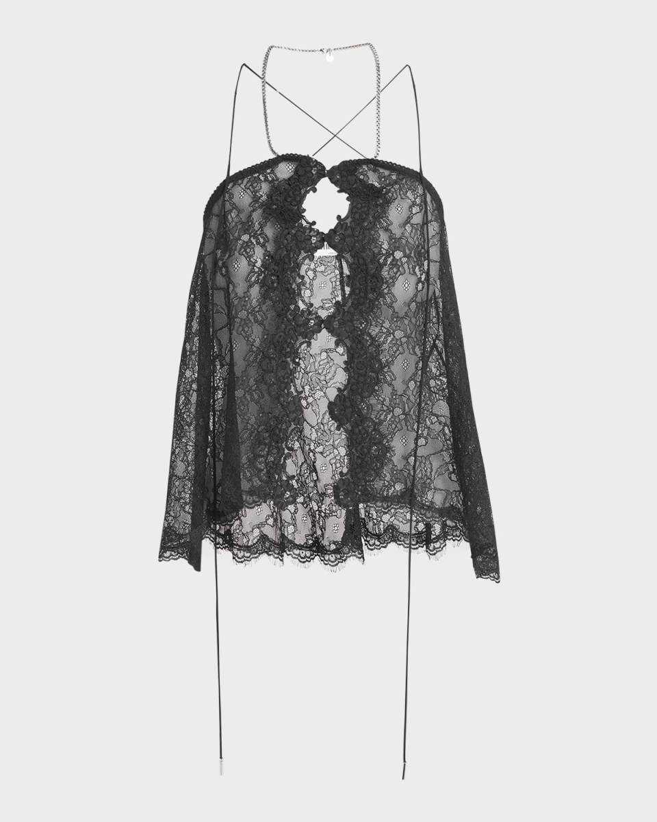 Cutout Button-Front Chain-Halter Lace Top