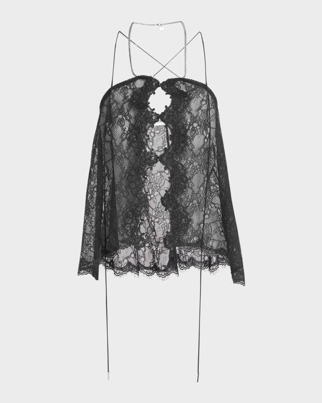 Cutout Button-Front Chain-Halter Lace Top
