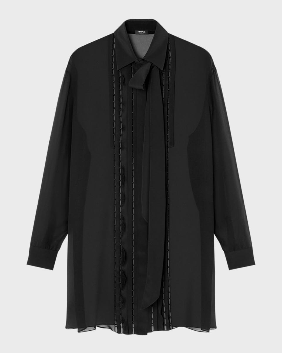 Ladder Lace Neck-Tie Silk Georgette Informal Shirt