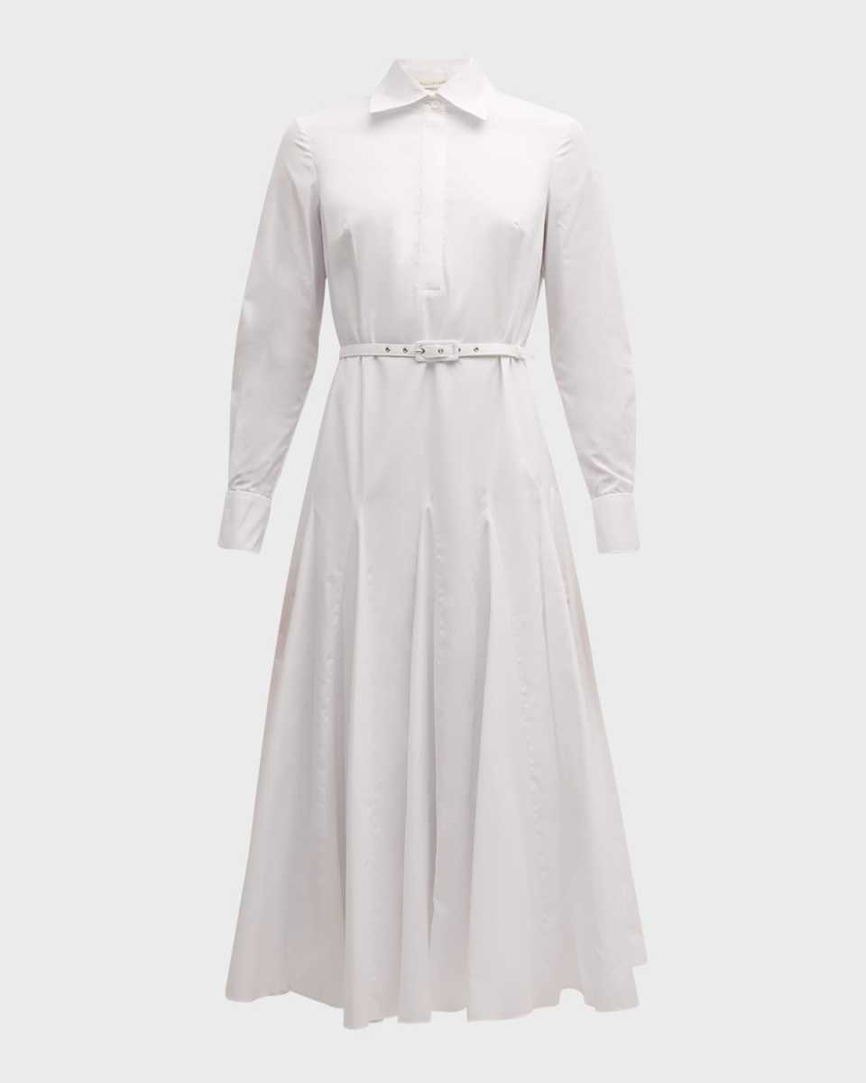 Muse Long-Sleeve Belted Godet-Skirt Midi Shirtdress