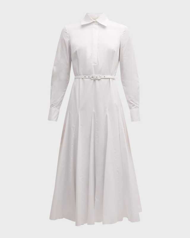 Muse Long-Sleeve Belted Godet-Skirt Midi Shirtdress