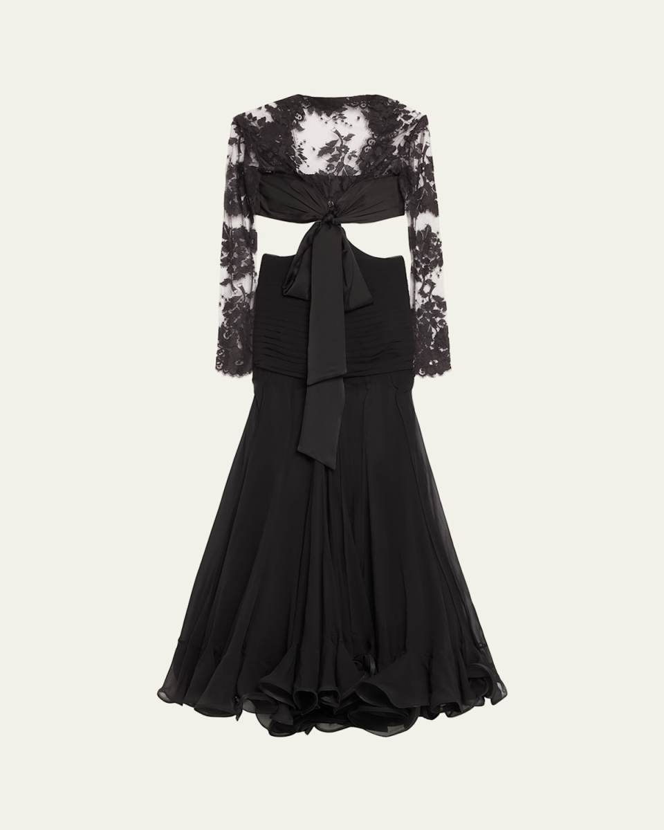 Bow Cutout Long-Sleeve Lace-Silk Flounce Gown
